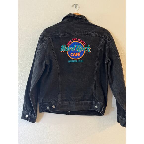 VTG Lee Men's Hard Rock Cafe Honolulu Trucker Jacket XL Black Denim Embroidered - Picture 4 of 11